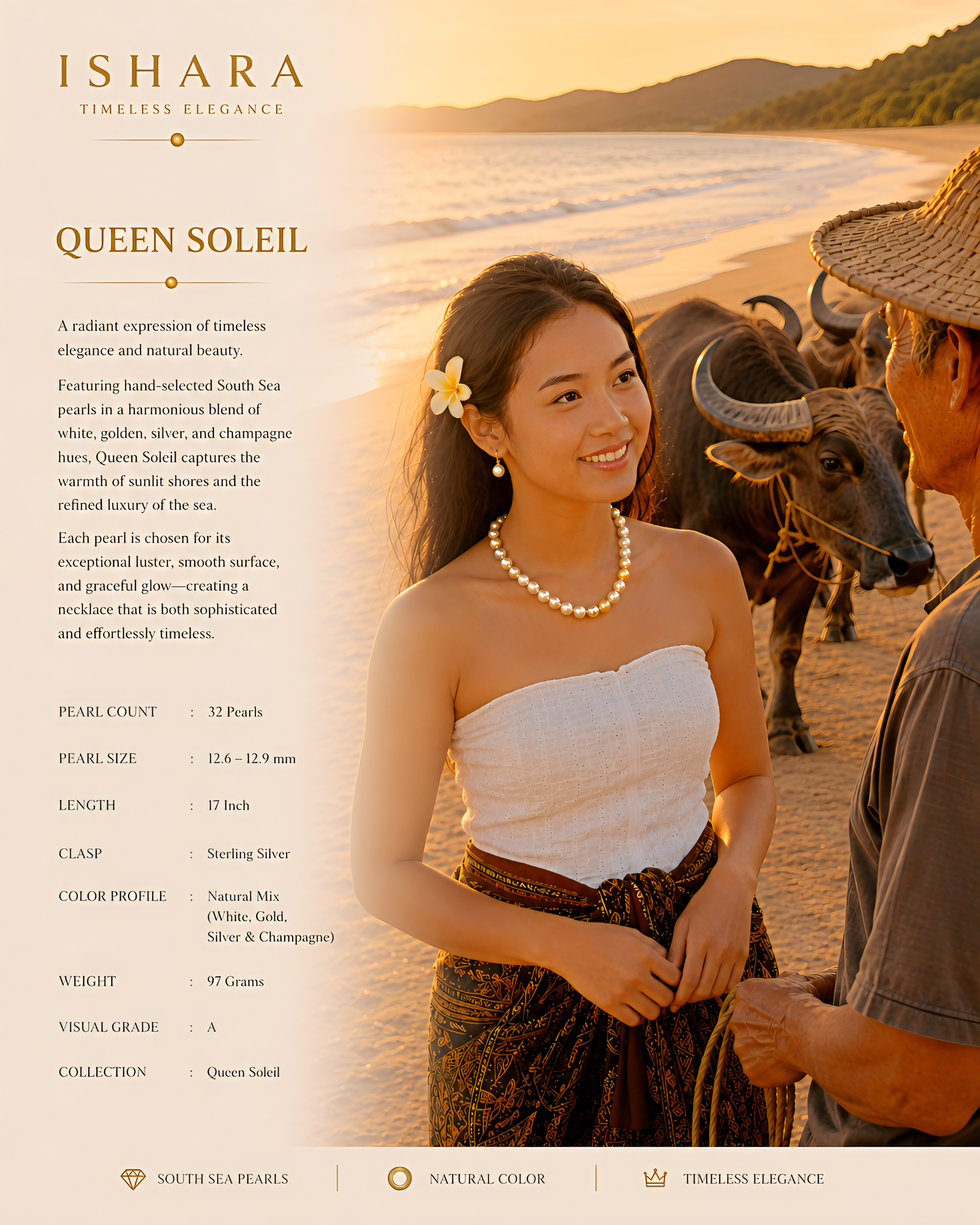 Ishara QUEEN SOLEIL 12.5mm South Sea pearl necklace white gold silver champagne sterling silver clasp 